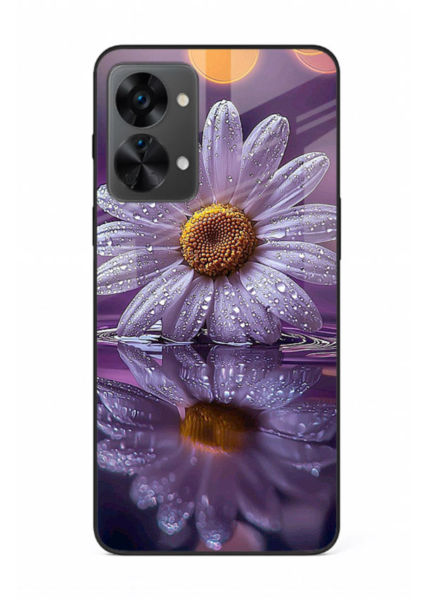 Purple daisy artwork on OnePlus Nord 2T glass back cover with soft dewy tones.