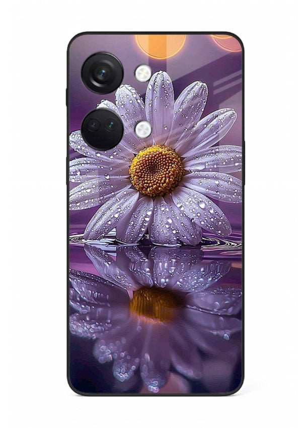 Purple daisy artwork on OnePlus Nord 3 glass back cover with soft dewy tones.