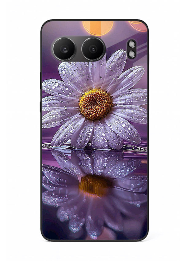 Purple daisy artwork on OnePlus Nord 4 glass back cover with soft dewy tones.