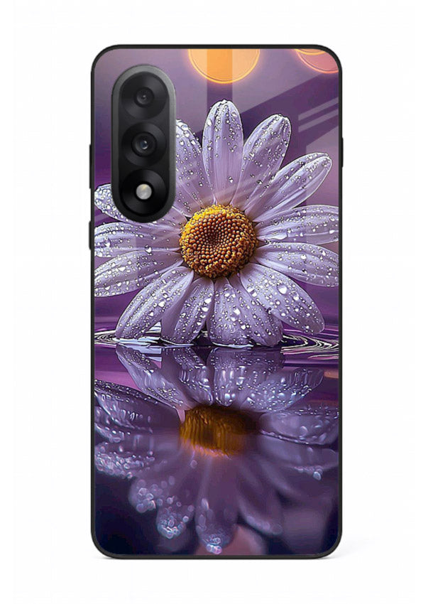 Purple daisy artwork on OnePlus Nord 5 glass back cover with soft dewy tones.