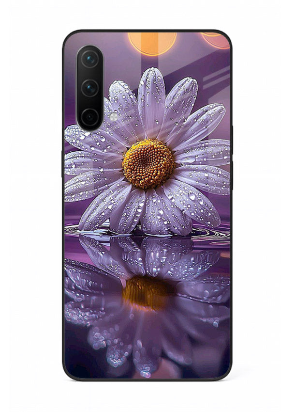 Purple daisy artwork on OnePlus Nord CE 5G glass back cover with soft dewy tones.