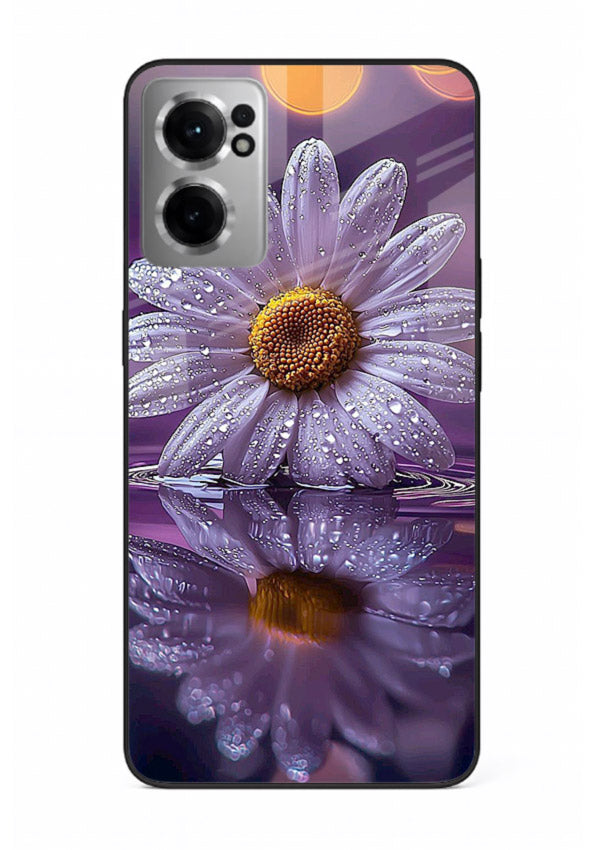 Purple daisy artwork on OnePlus Nord CE2 5G glass back cover with soft dewy tones.