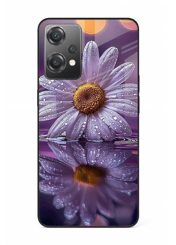 Purple daisy artwork on OnePlus Nord CE2 Lite 5G glass back cover with soft dewy tones.