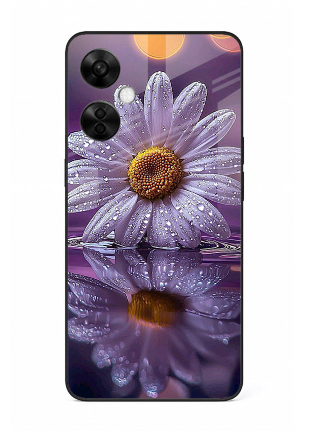 Purple daisy artwork on OnePlus Nord CE3 Lite glass back cover with soft dewy tones.