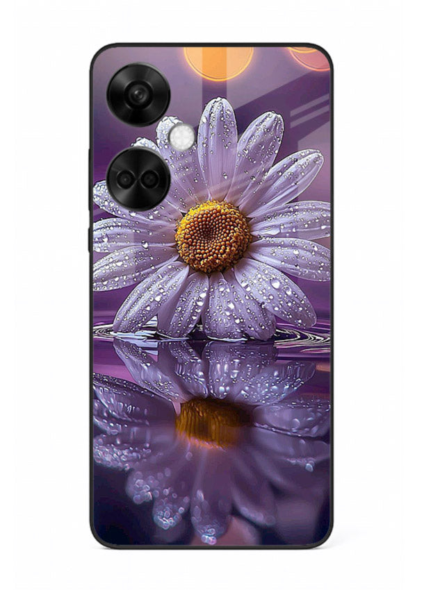Purple daisy artwork on OnePlus Nord CE3 glass back cover with soft dewy tones.
