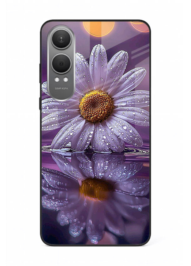 Purple daisy artwork on OnePlus Nord CE4 Lite glass back cover with soft dewy tones.