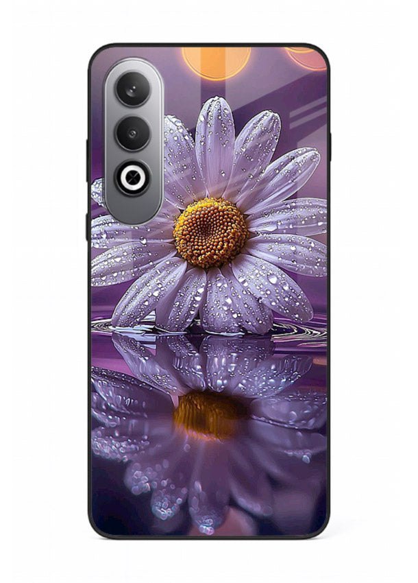Purple daisy artwork on OnePlus Nord CE4 glass back cover with soft dewy tones.