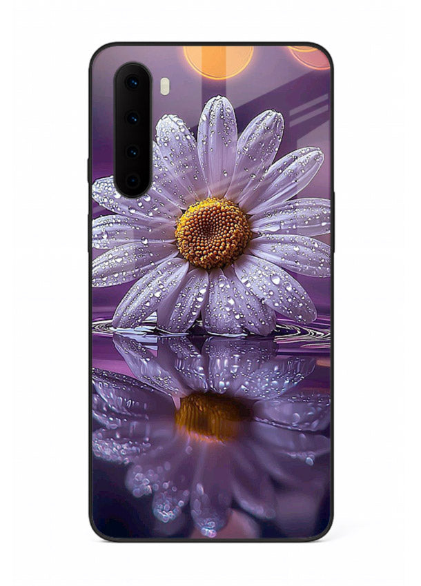 Purple daisy artwork on OnePlus Nord glass back cover with soft dewy tones.