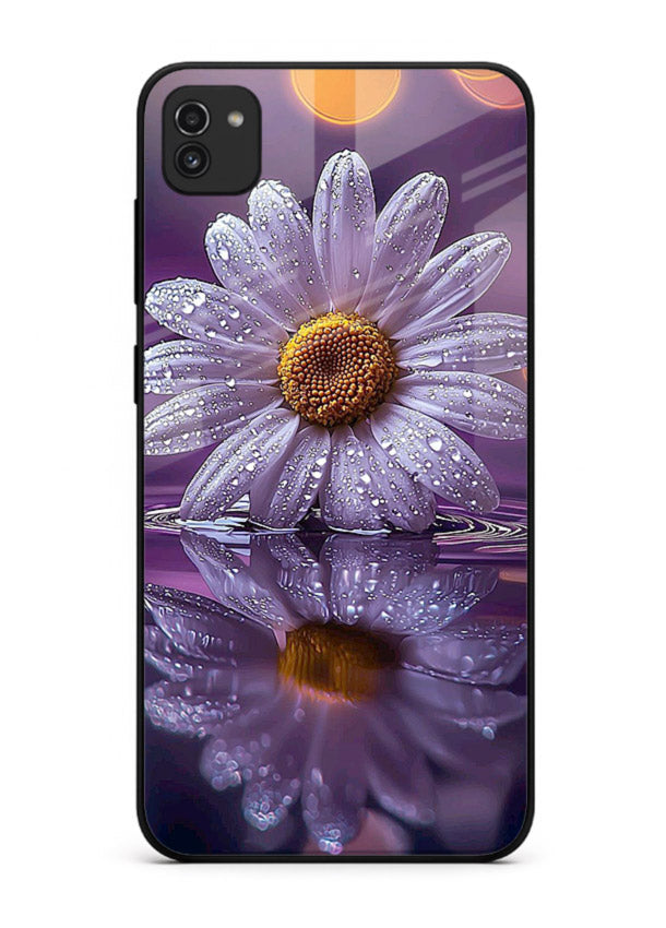 Purple daisy artwork on Samsung A03 glass back cover with soft dewy tones.