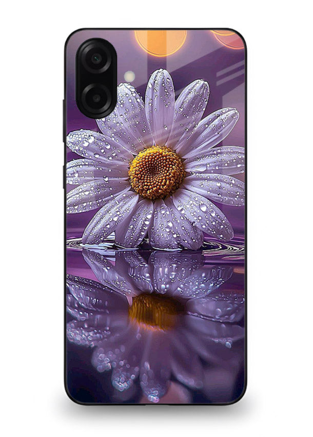 Purple daisy artwork on Samsung A07 4G glass back cover with soft dewy tones.