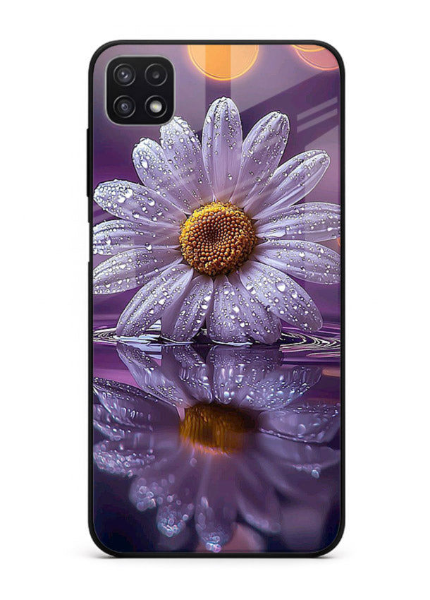 Purple daisy artwork on Samsung F42 5G glass back cover with soft dewy tones.
