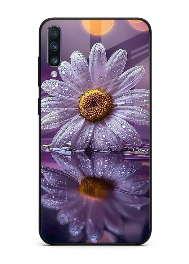 Purple daisy artwork on Samsung A50 glass back cover with soft dewy tones.