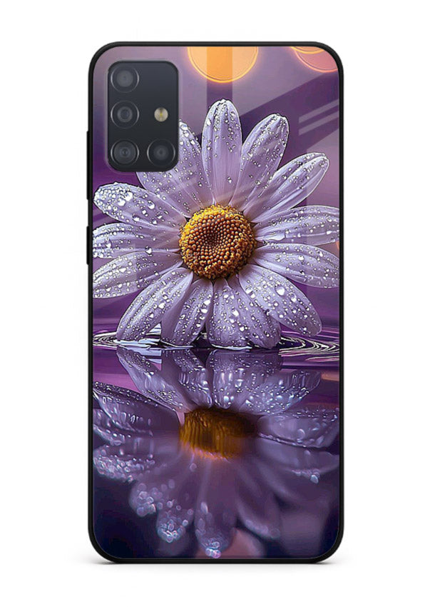 Purple daisy artwork on Samsung A51 glass back cover with soft dewy tones.