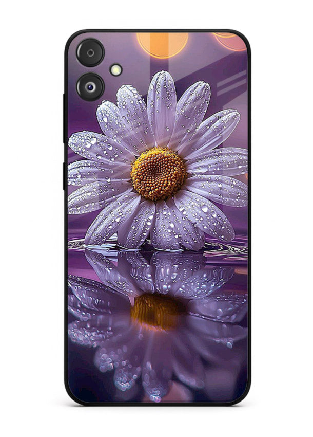 Purple daisy artwork on Samsung F04 5G glass back cover with soft dewy tones.