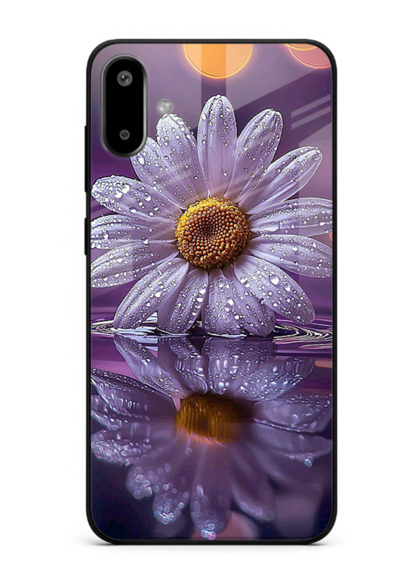Purple daisy artwork on Samsung F06 5G glass back cover with soft dewy tones.