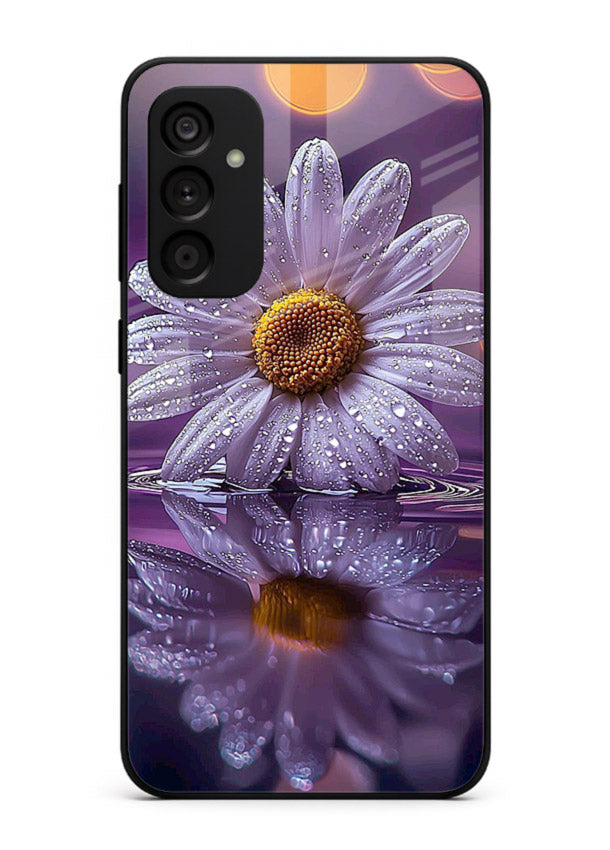 Purple daisy artwork on Samsung F54 5G glass back cover with soft dewy tones.