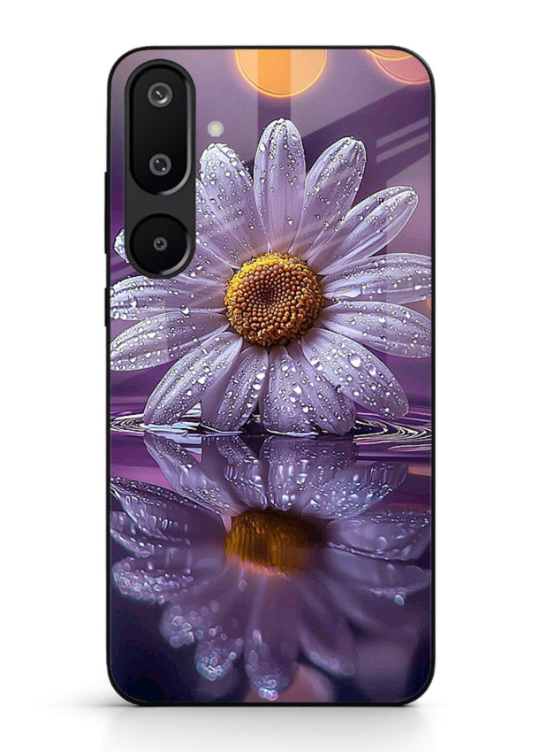 Purple daisy artwork on Samsung F16 5G glass back cover with soft dewy tones.