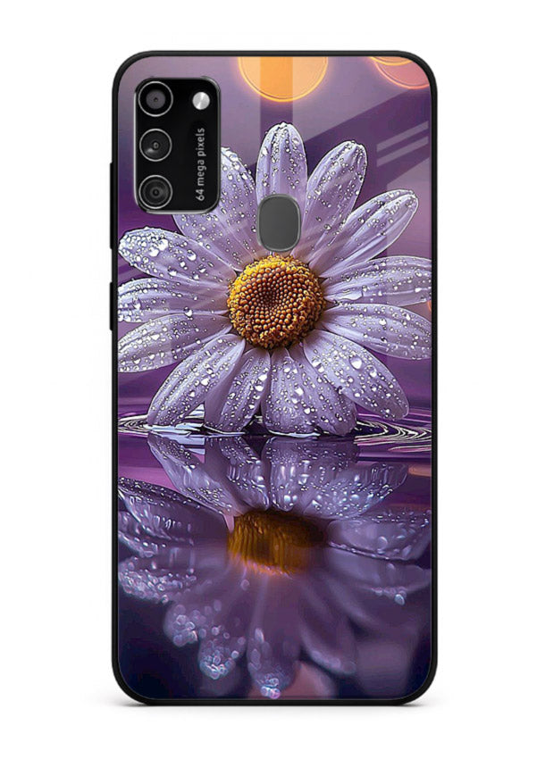 Purple daisy artwork on Samsung M21 glass back cover with soft dewy tones.