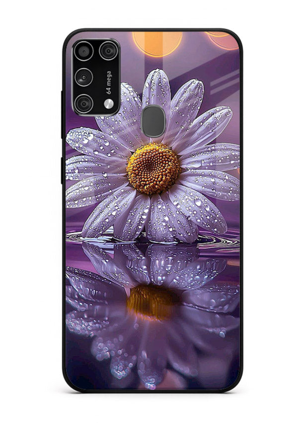 Purple daisy artwork on Samsung M31 Prime glass back cover with soft dewy tones.
