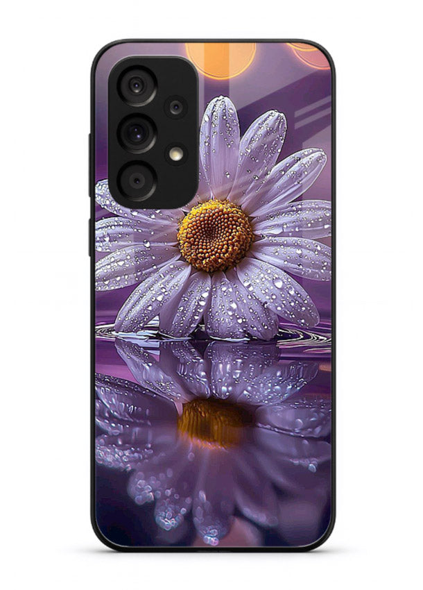 Purple daisy artwork on Samsung A33 5G glass back cover with soft dewy tones.