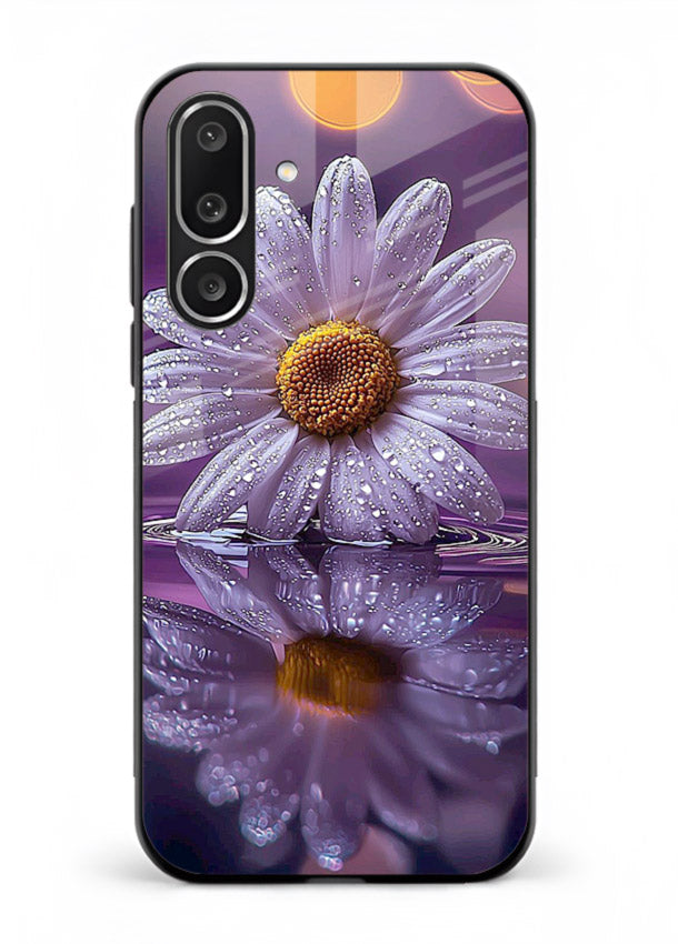 Purple daisy artwork on Samsung M36 5G glass back cover with soft dewy tones.