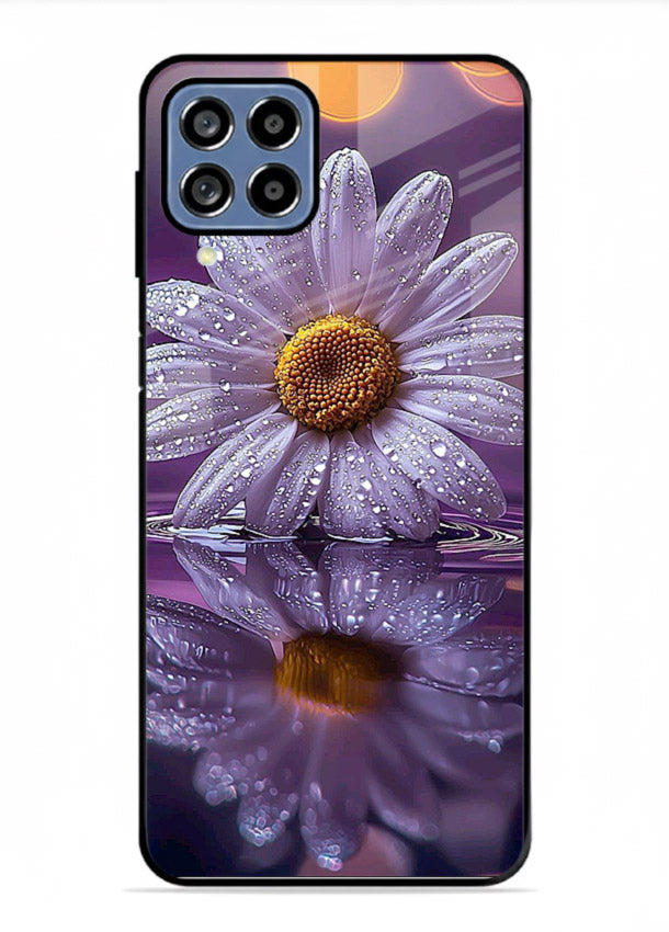 Purple daisy artwork on Samsung A22 4G glass back cover with soft dewy tones.