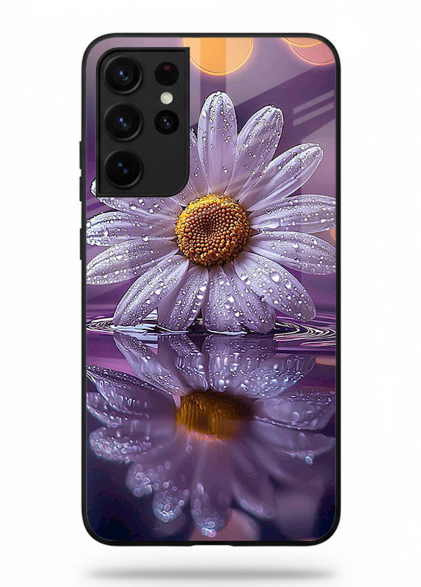 Purple daisy artwork on Samsung S21 Ultra glass back cover with soft dewy tones.