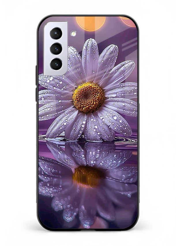 Purple daisy artwork on Samsung S21 Plus glass back cover with soft dewy tones.