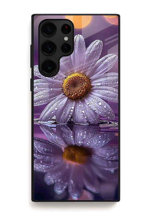 Purple daisy artwork on Samsung S24 Ultra glass back cover with soft dewy tones.