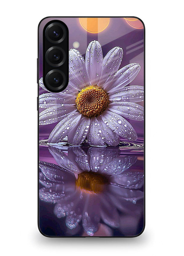 Purple daisy artwork on Samsung M54 5G glass back cover with soft dewy tones.