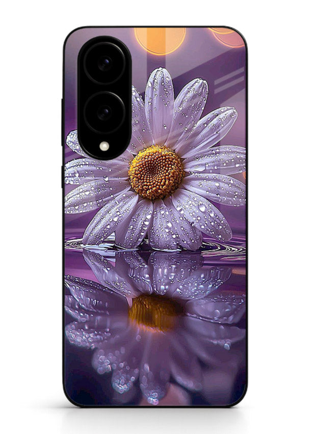 Purple daisy artwork on Samsung S25 Edge glass back cover with soft dewy tones.