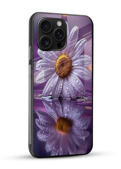 Purple daisy artwork on glossy vibrant premium glass back cover with soft dewy tones. - Angle Side