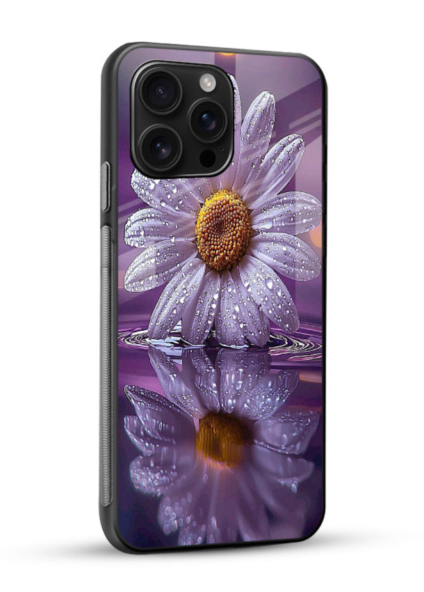Purple daisy artwork on glossy vibrant premium glass back cover with soft dewy tones. - Angle Side
