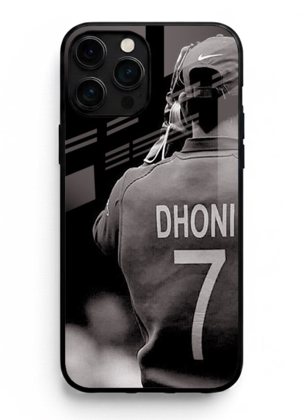 Monochrome number seven cricket artwork on glossy tempered glass iPhone 16 Pro Max back cover