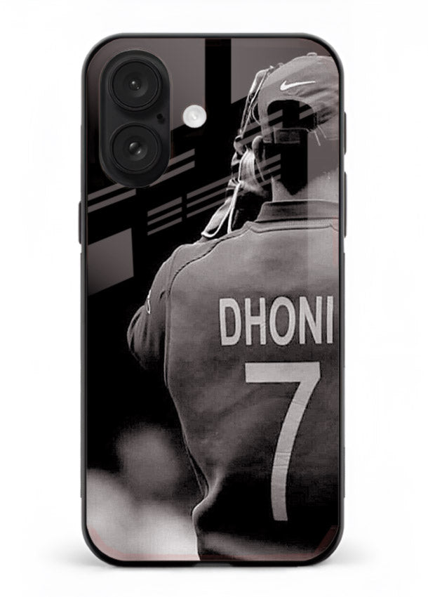 Monochrome number seven cricket artwork on glossy tempered glass iPhone 16 Plus back cover