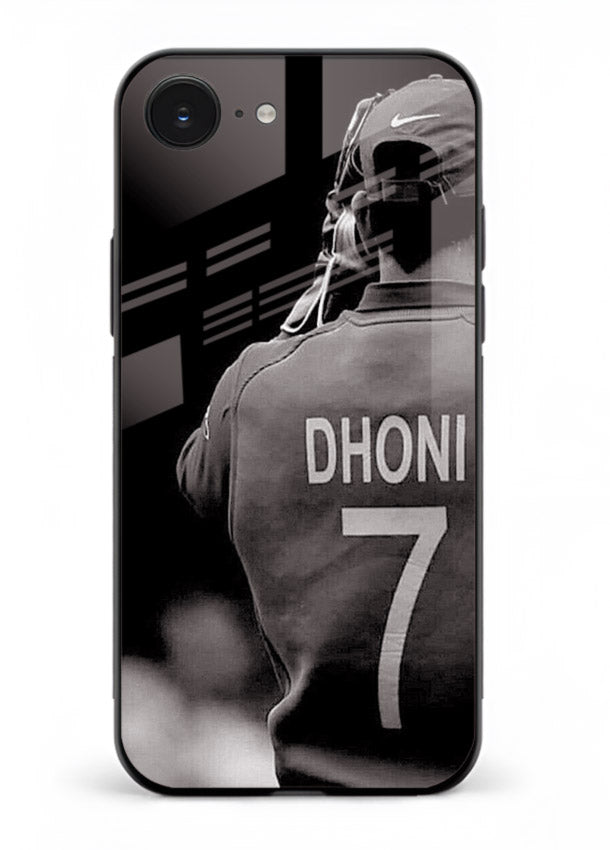 Monochrome number seven cricket artwork on glossy tempered glass iPhone 16E back cover