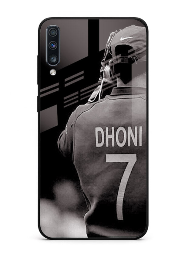 Monochrome number seven cricket artwork on glossy tempered glass Samsung A50 back cover