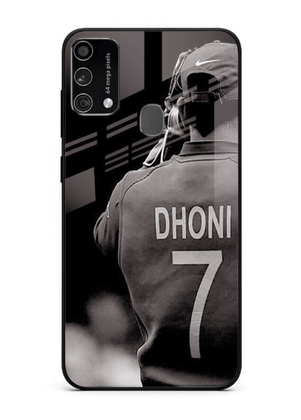 Monochrome number seven cricket artwork on glossy tempered glass Samsung F41 back cover