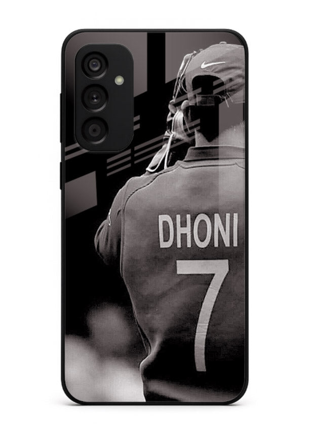 Monochrome number seven cricket artwork on glossy tempered glass Samsung M14 5G back cover