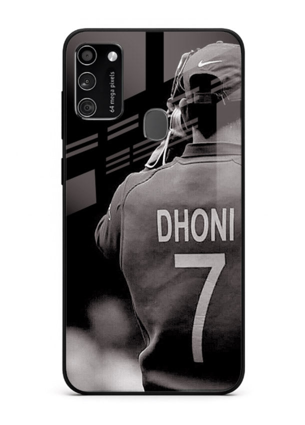 Monochrome number seven cricket artwork on glossy tempered glass Samsung M21 back cover