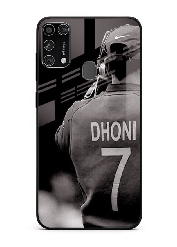 Monochrome number seven cricket artwork on glossy tempered glass Samsung M31 Prime back cover