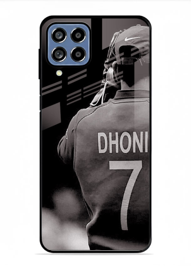 Monochrome number seven cricket artwork on glossy tempered glass Samsung F62 back cover