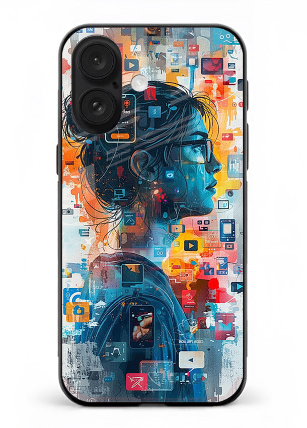 Digital Chaos Portrait neon glitch artwork iphone 17 glass back cover