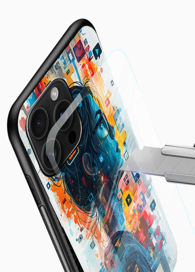 Digital Chaos Portrait neon glitch artwork glossy vibrant premium glass back cover - Angle Blade