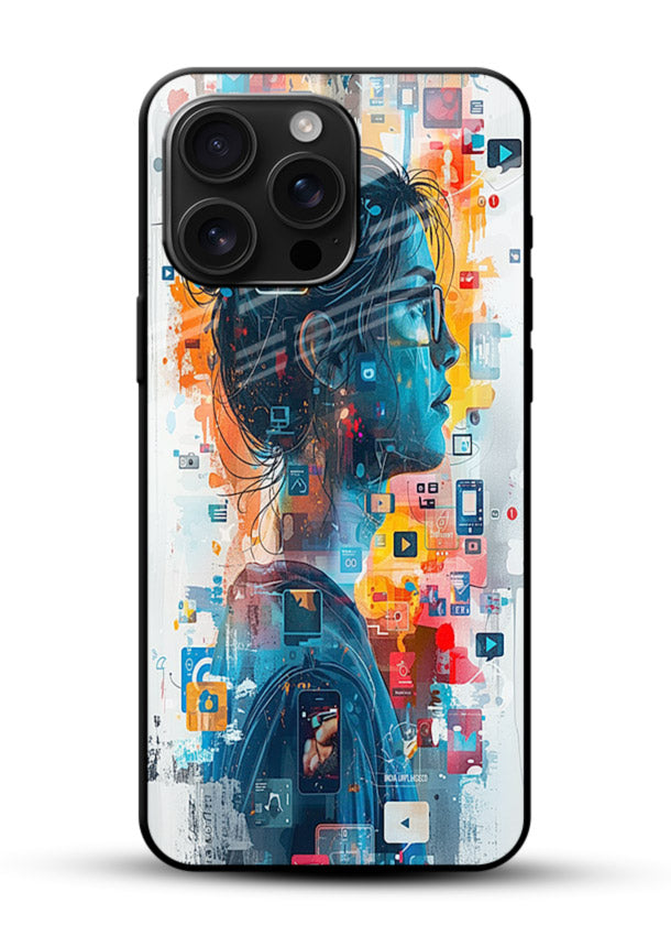 Digital Chaos Portrait neon glitch artwork glossy vibrant premium glass back cover - Angle Front