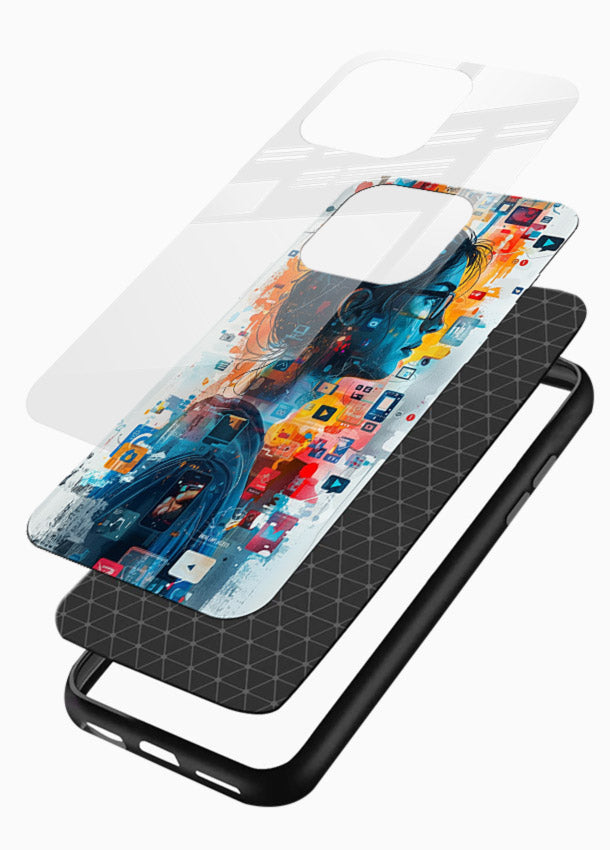 Digital Chaos Portrait neon glitch artwork glossy vibrant premium glass back cover - Angle Layers