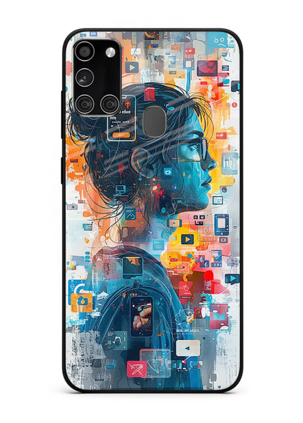 Digital Chaos Portrait neon glitch artwork Samsung A21s glass back cover
