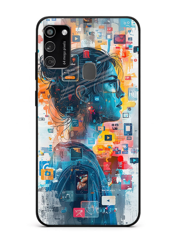 Digital Chaos Portrait neon glitch artwork Samsung M21 glass back cover
