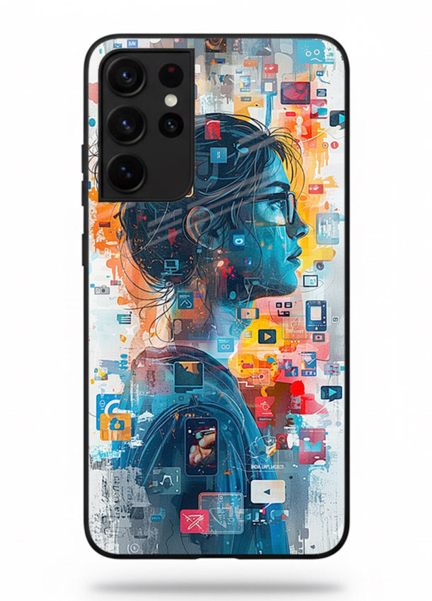 Digital Chaos Portrait neon glitch artwork Samsung S21 Ultra glass back cover