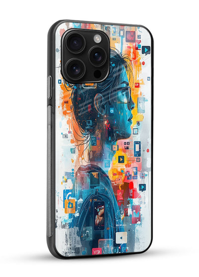 Digital Chaos Portrait neon glitch artwork glossy vibrant premium glass back cover - Angle Side